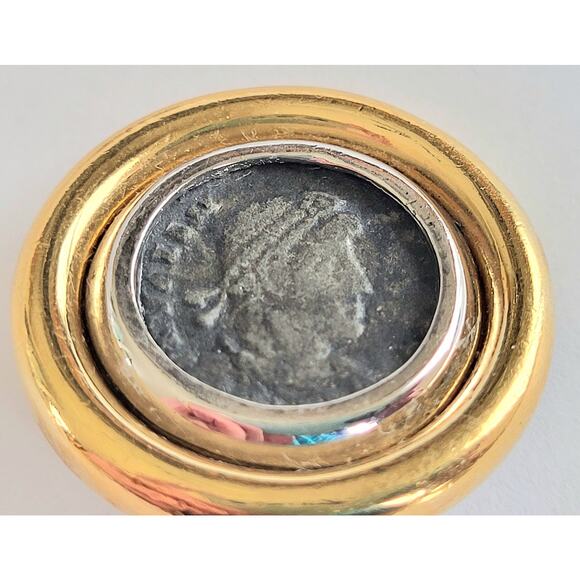 Vintage Ciner Greek Roman Coin Silver Gold Earrings Clip-On Signed Etruscan - Picture 3 of 6